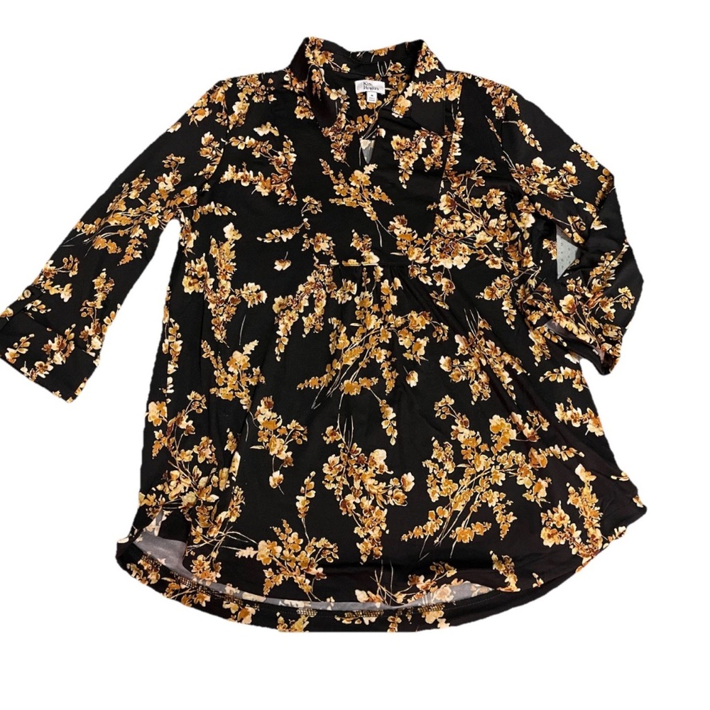 Kim Rogers ladies poly stretch black gold floralβ tunic top size medium roll tab